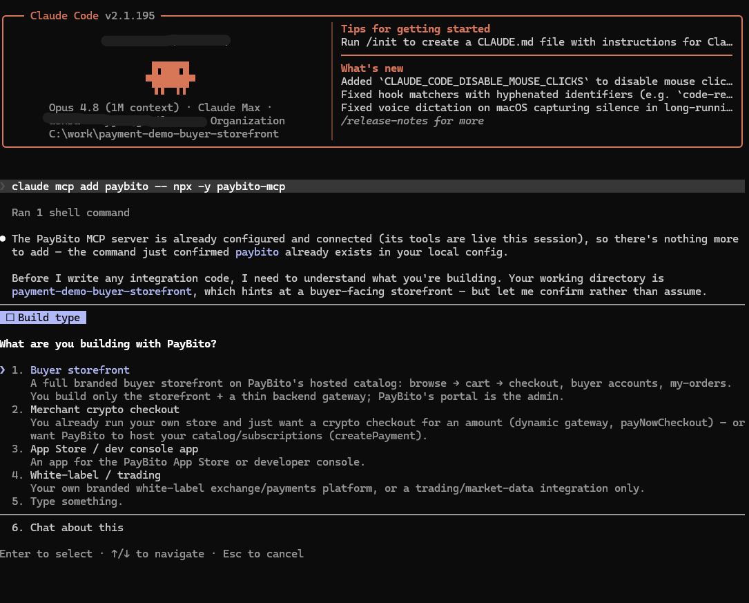PayBito MCP asks what you are building; the developer selects Buyer storefront